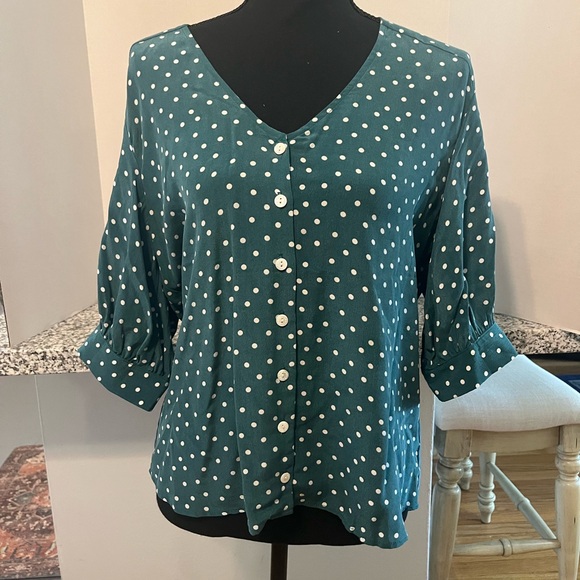 Amour Vert Tops - Amour Vert Teal Polka Dot Blouse